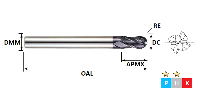 2.0mm 4 Flute Ball Nose Long Series Pulsar Carbide End Mill